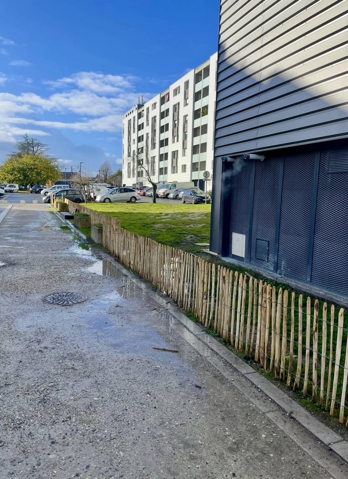 Aménagement paysager à Bègles – délimitation d’espaces verts avec ganivelle bois