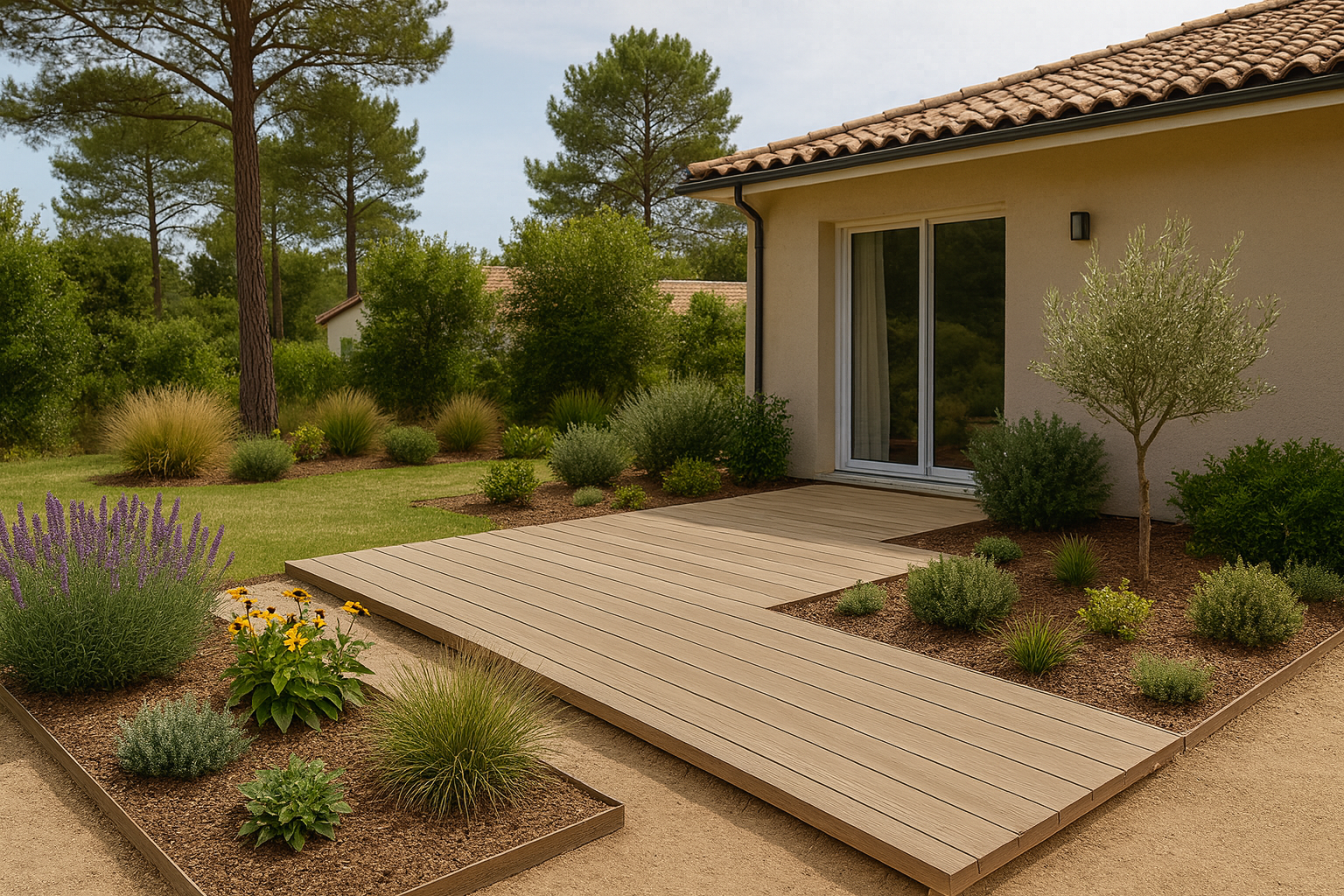 Jardin écologique typique du Bassin d’Arcachon à La Teste-de-Buch, terrasse bois clair et végétation locale structurée