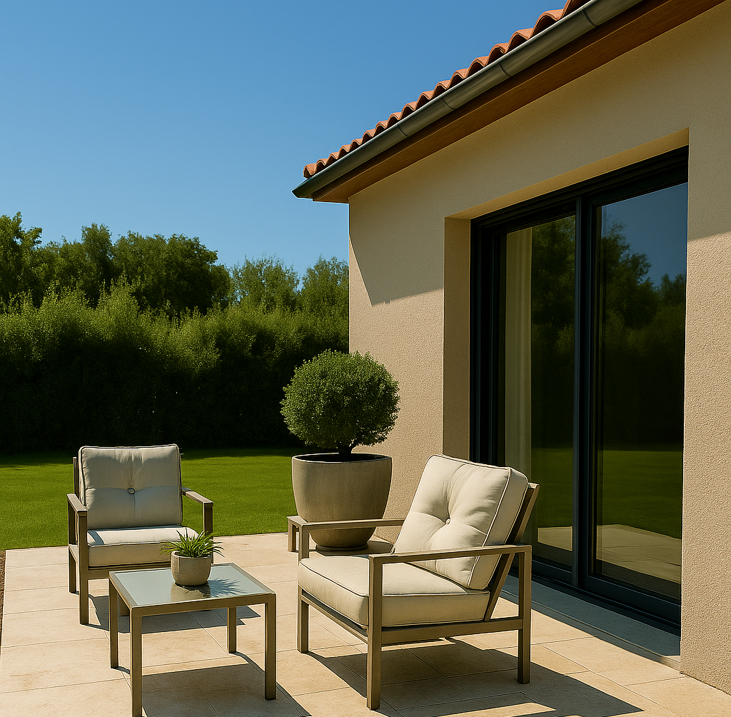 Terrasse en travertin à Saint-Denis-de-Pile avec dalles beiges, maison moderne et jardin paysager