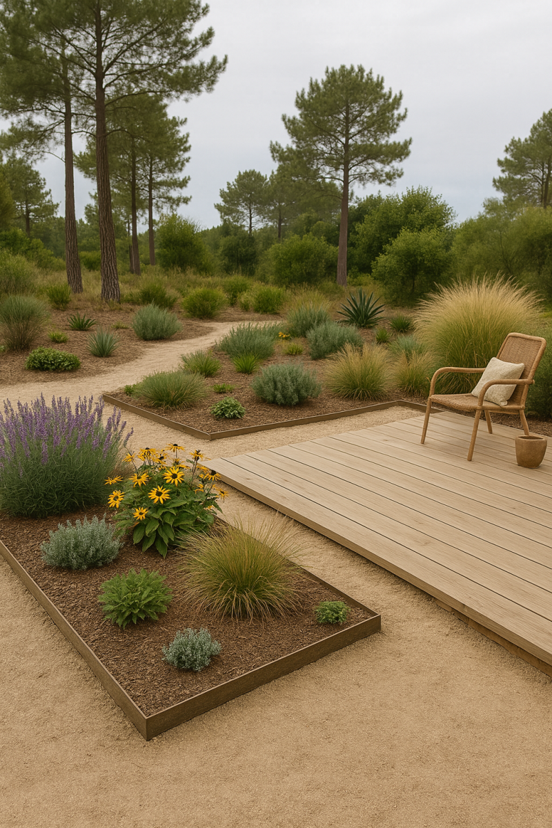 Éco-jardin durable à La Teste-de-Buch avec terrasse en bois clair, massifs fleuris et pins maritimes – Bassin d’Arcachon