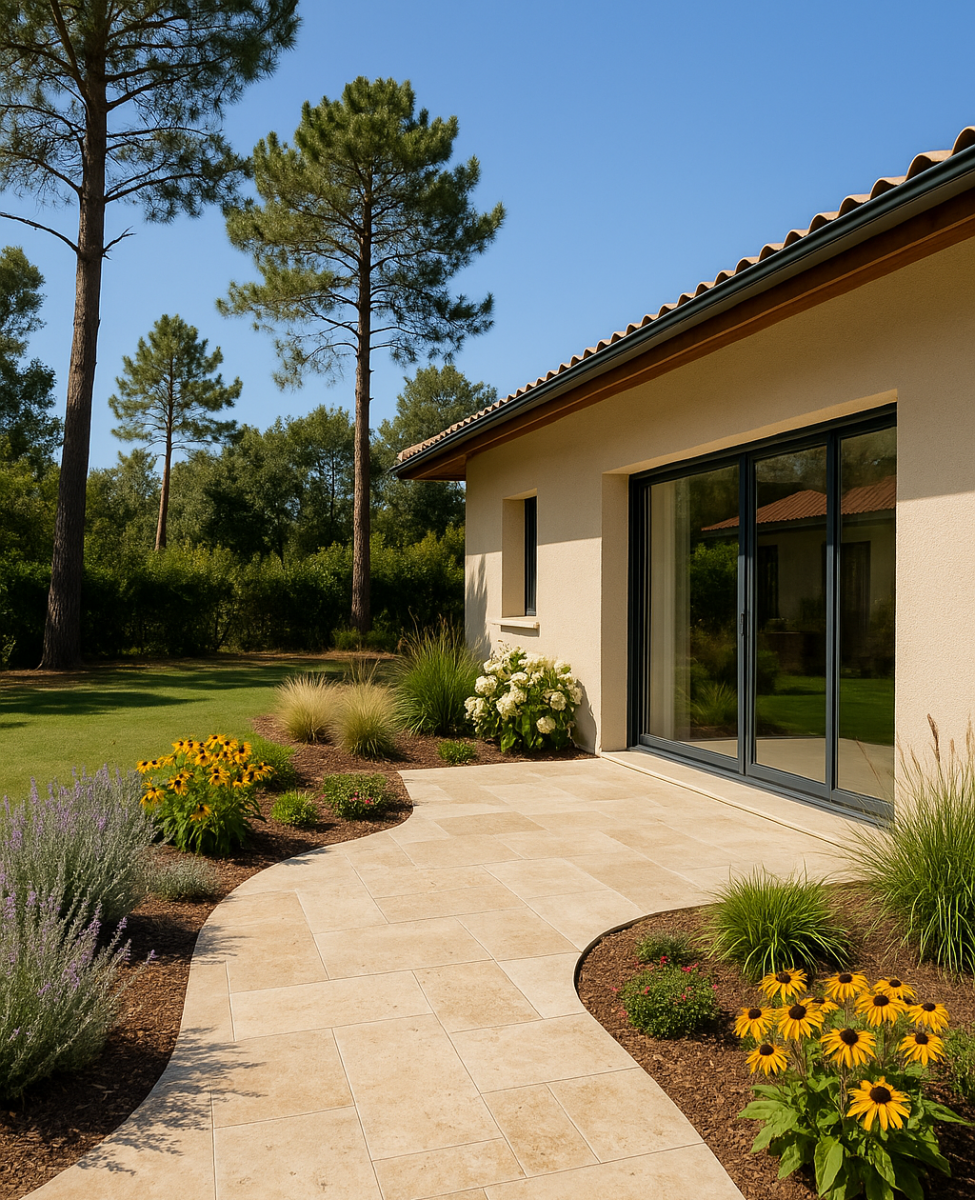 Terrasse en travertin à Arcachon avec massifs de graminées, lavandes et rudbeckias, devant une maison moderne inspirée du style Bassin d’Arcachon.
